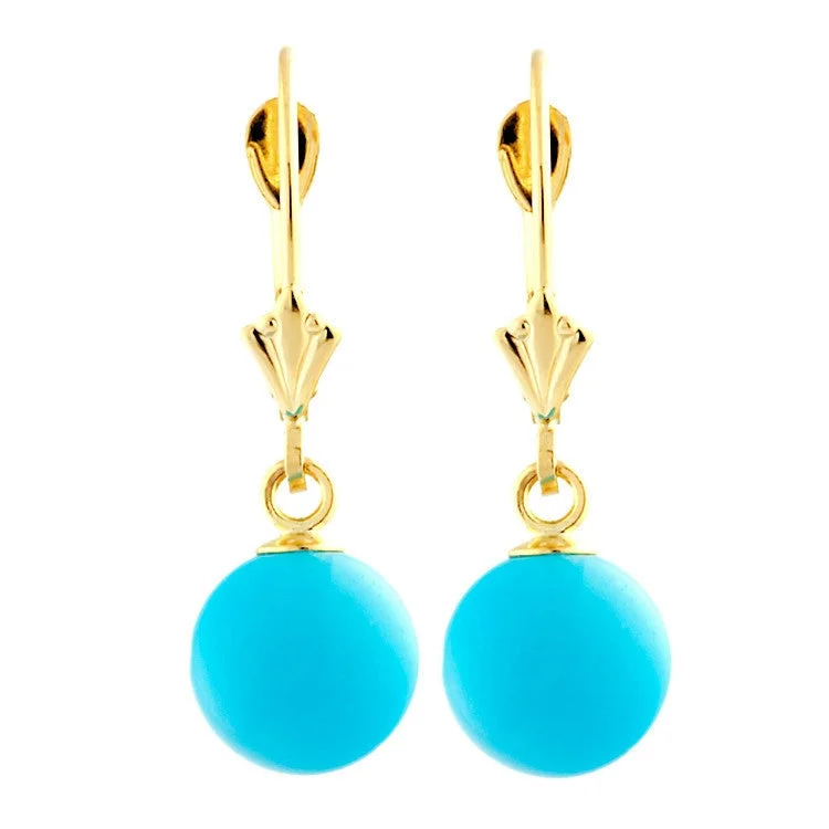 urban gold earrings-8mm Sleeping Beauty Turquoise Ball Drop Leverback Earrings 14K Gold