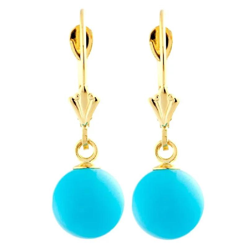 bendable gold earrings-8mm Sleeping Beauty Turquoise Ball Leverback Earrings 14-20 Gold Filled