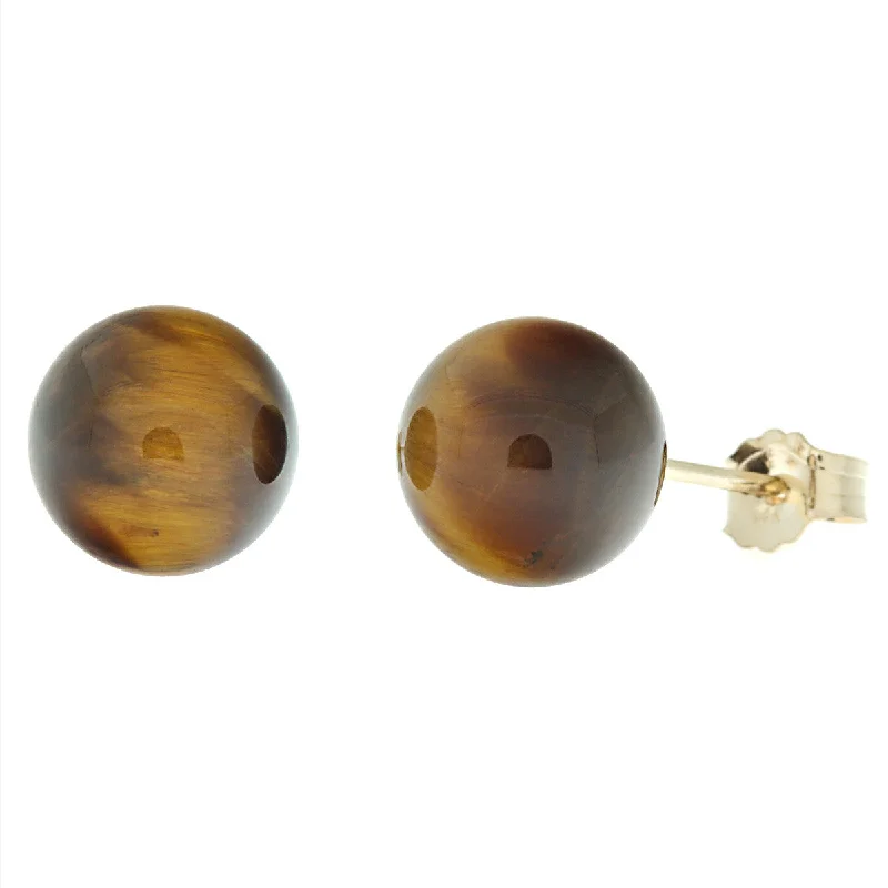 elegant modern earrings-8mm Tigers Eye Ball Stud Earrings 14K Yellow Gold