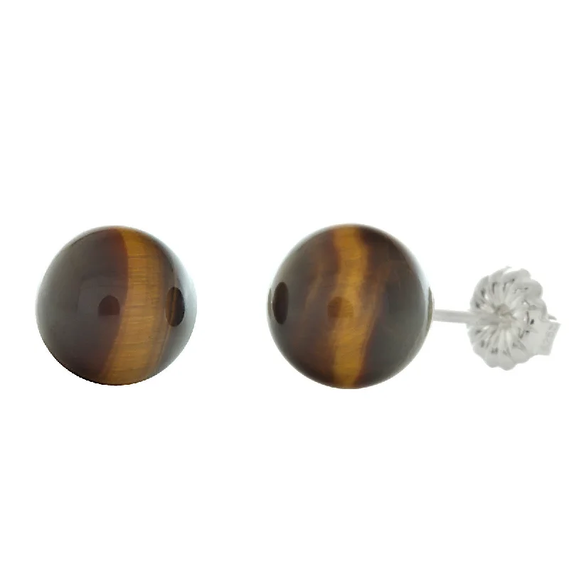 ocean tide earrings-8mm Tigers Eye Ball Stud Earrings Sterling Silver