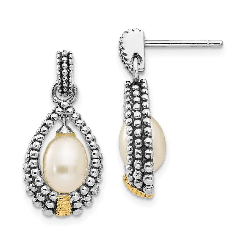 knotted love earrings-925 Sterling Silver 14k Yellow Gold Pearl Drop Earrings (L-20 mm, W-11 mm)