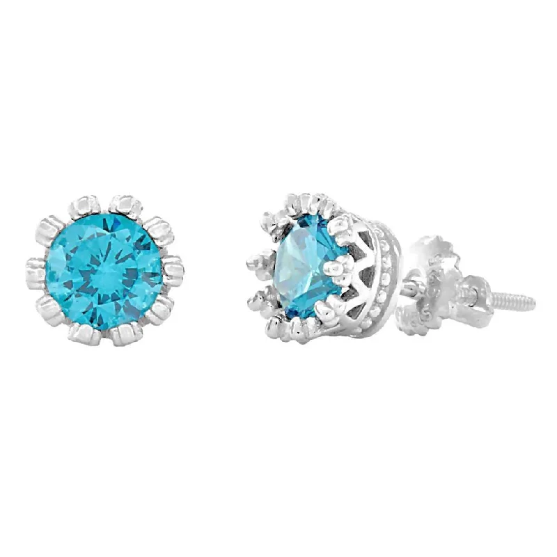 uncut turquoise earrings-Adria: 6mm, 1.5ct Swiss Blue Topaz CZ Crown Set Screw Back Earrings