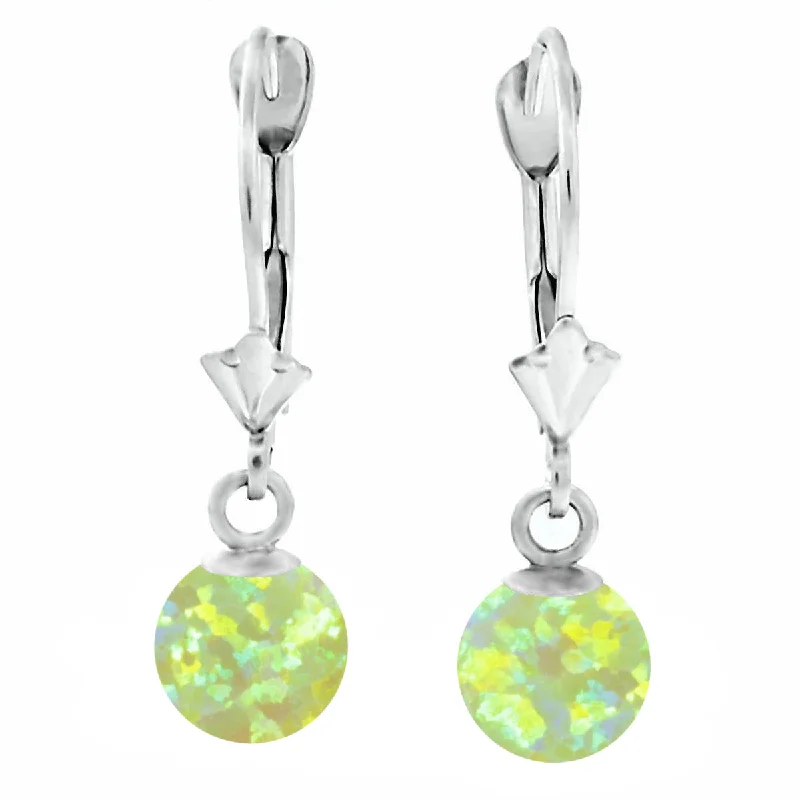 rose gold braided earrings-Aileen: Lime Green Created Australian Opal Ball Drop Leverback Earrings 14K White Gold