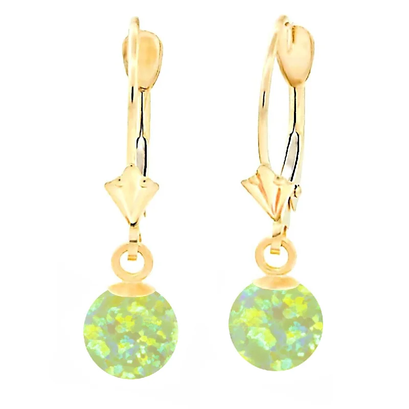 wanderlust chic earrings-Aileen: Lime Green Created Australian Opal Ball Drop Leverback Earrings 14K Yellow Gold