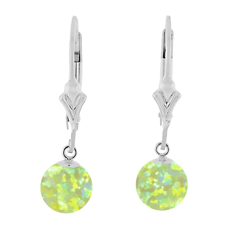 deco aquamarine earrings-Aileen: Lime Green Created Australian Opal Ball Drop Leverback Earrings Sterling Silver