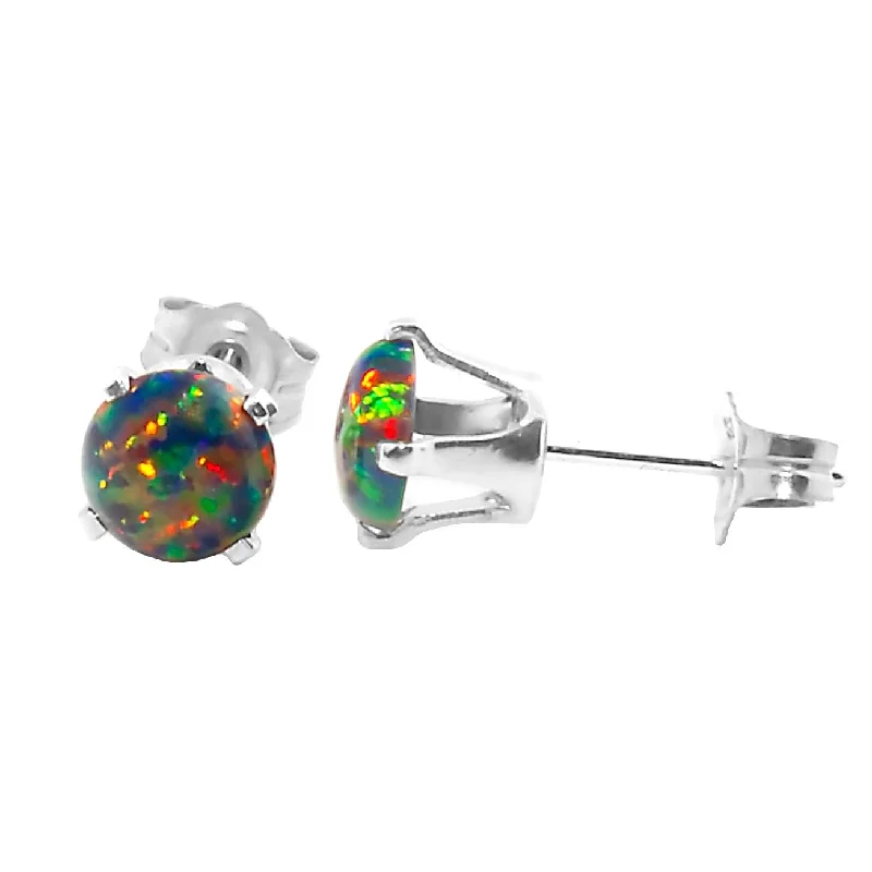 frond stamped earrings-Aurora: 1.3ct 6mm Black Australian Opal Crown Set Stud Earrings 925 Silver