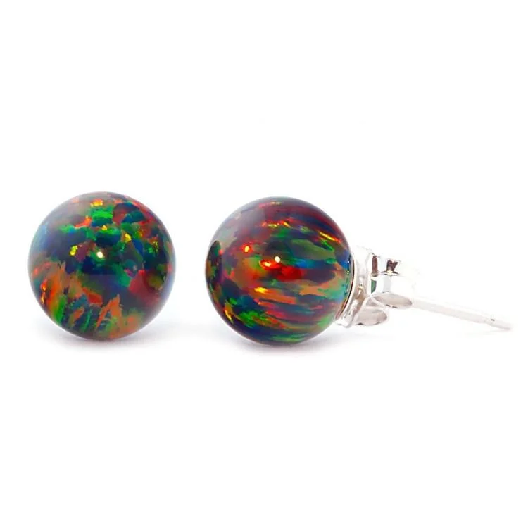 little letter earrings-Aurora: 10mm Black Australian Opal Ball Stud Earrings 14k White Gold