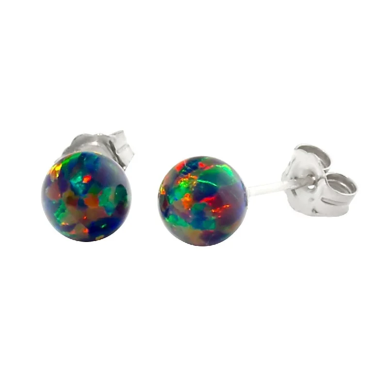 flow drop earrings-Aurora: 6mm Black Australian Opal Ball Stud Earrings 14k White Gold