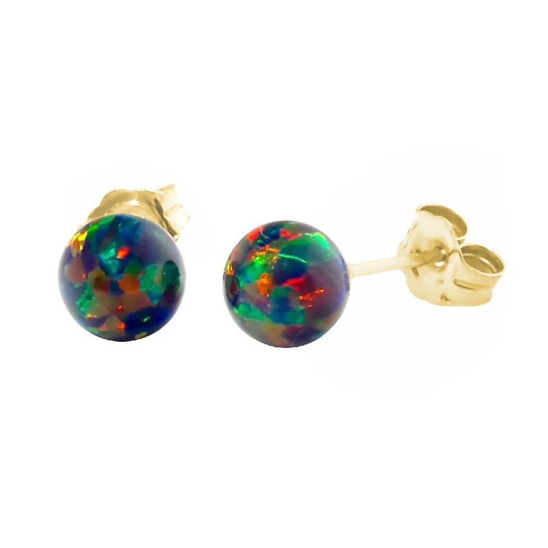 frond charm earrings-Aurora: 6mm Black Australian Opal Ball Stud Earrings 14k Yellow Gold