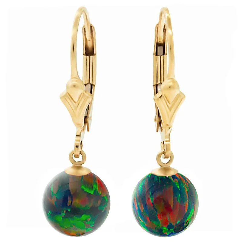 luxurious cocktail earrings-Aurora: Black Created Australian Opal Ball Drop Leverback Earrings 14-20 Gold Filled