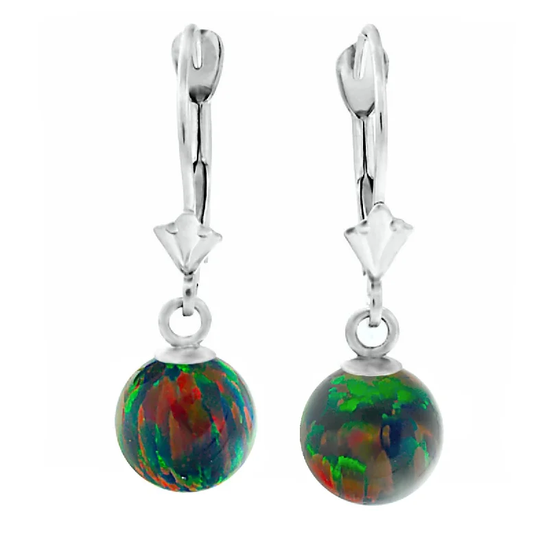 shimmering stud earrings-Aurora: Black Created Australian Opal Ball Drop Leverback Earrings 14K White Gold