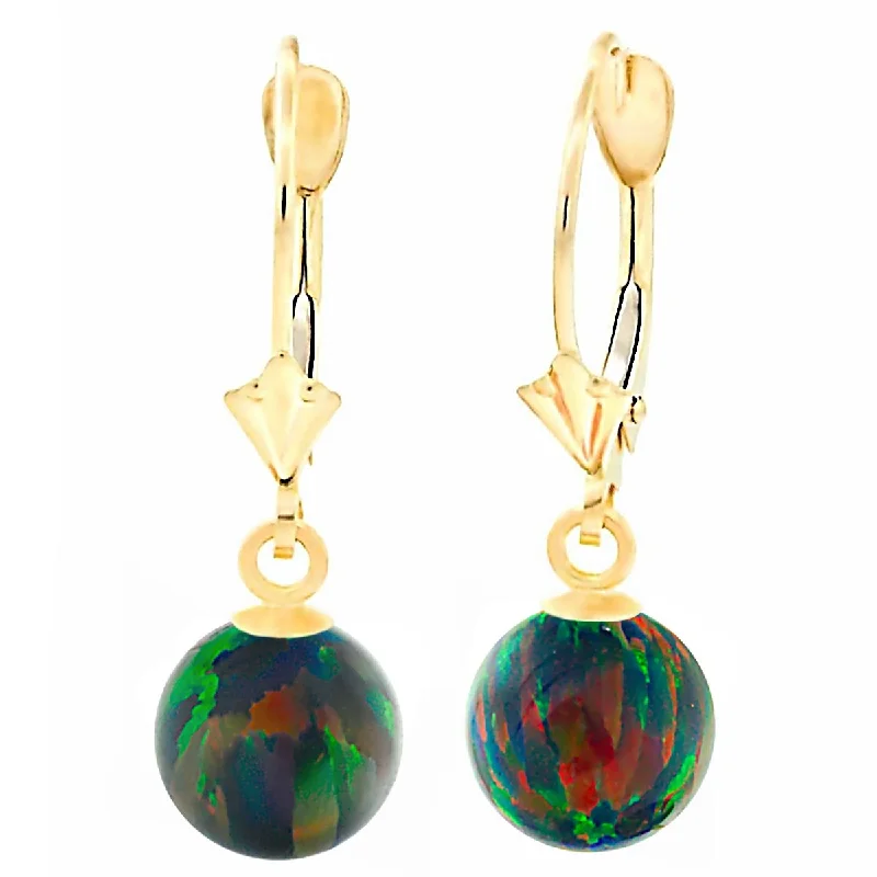 retro-style hoop earrings-Aurora: Black Created Australian Opal Ball Drop Leverback Earrings 14K Yellow Gold