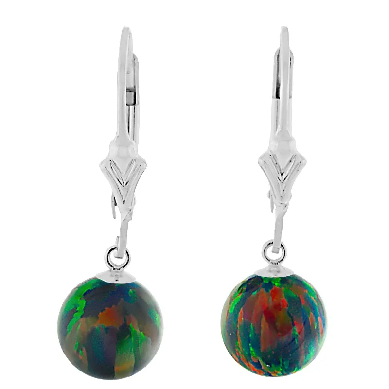 thin drop earrings-Aurora: Black Created Australian Opal Ball Drop Leverback Earrings 925 Sterling Silver