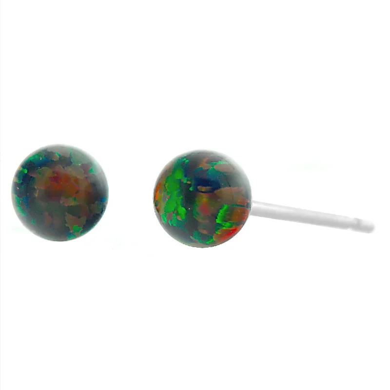 bendable gold earrings-Aurora: Black Created Australian Opal Ball Stud Earrings 14k White Gold