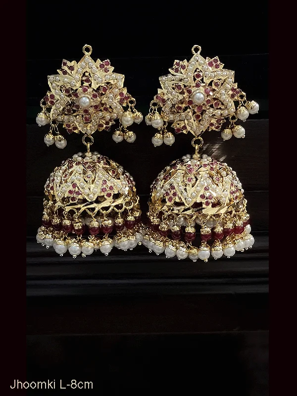 rose gold ten-layer earrings-Bold jadau jhoomki with pearl and coloured bead drops