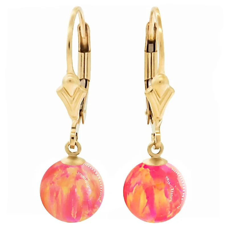 tarnished gold earrings-Cala: Deep Sea Coral Created Australian Opal Ball Drop Leverback Earrings 14-20 Gold Filled