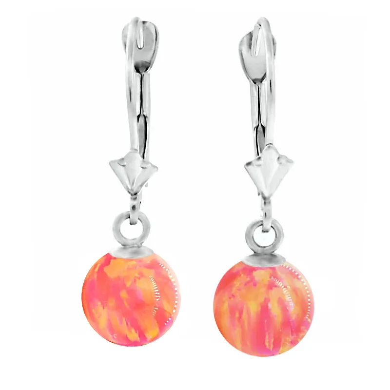 shimmering stud earrings-Cala: Deep Sea Coral Created Australian Opal Ball Drop Leverback Earrings 14K White Gold