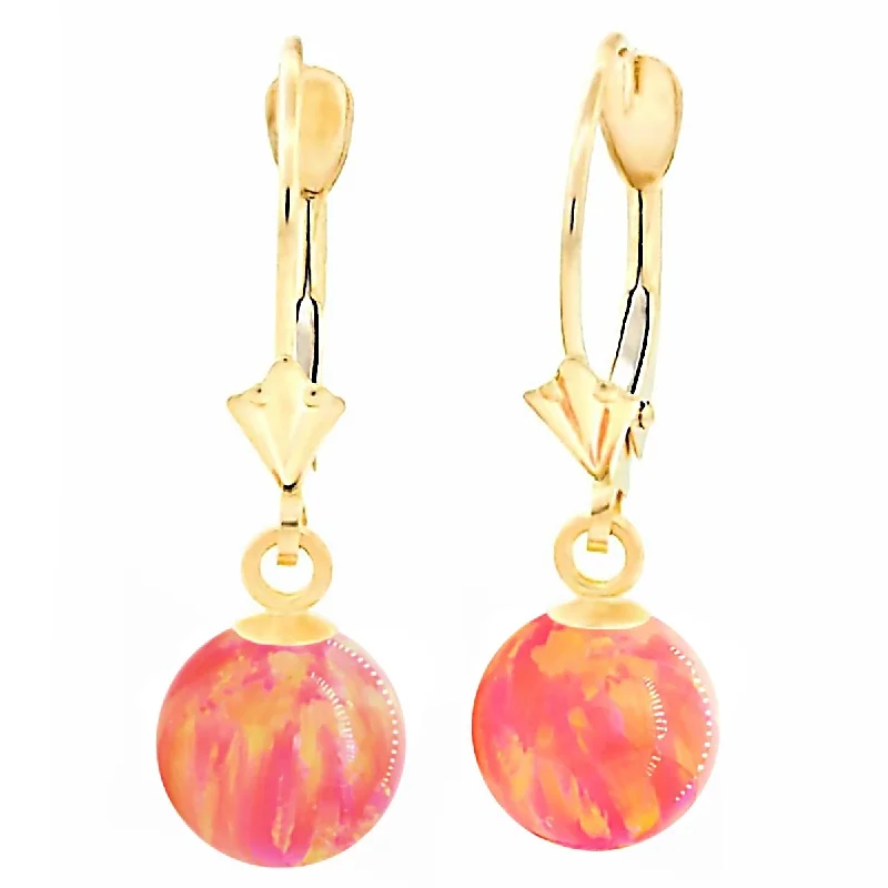 retro-style hoop earrings-Cala: Deep Sea Coral Created Australian Opal Ball Drop Leverback Earrings 14K Yellow Gold