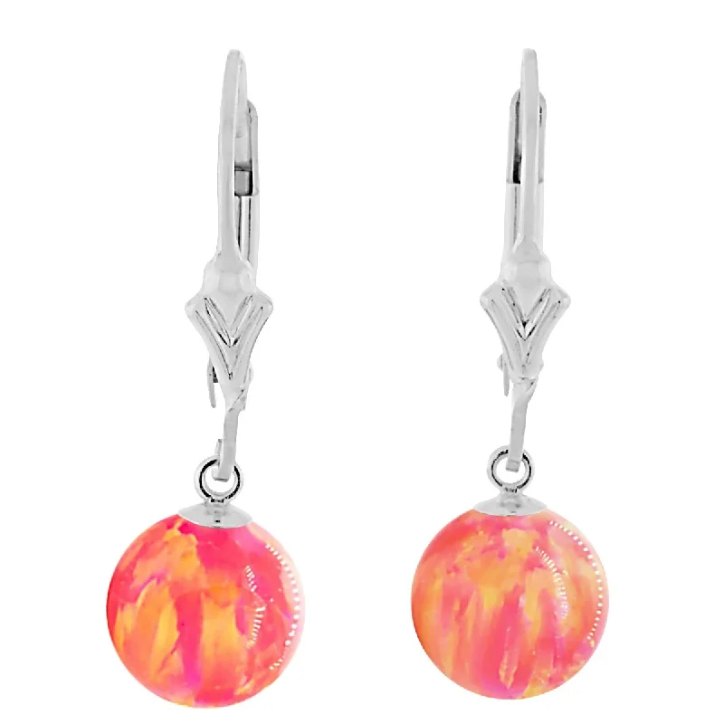 rose gold flow earrings-Cala: Deep Sea Coral Created Australian Opal Ball Drop Leverback Earrings 925 Sterling Silver