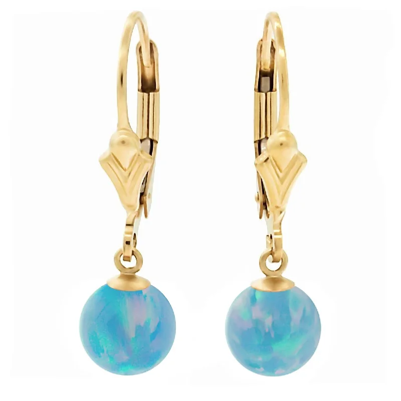 gibbous moon drop earrings-Carrie: Cornflower Blue Created Australian Opal Ball Drop Leverback Earrings 14-20 Gold Filled