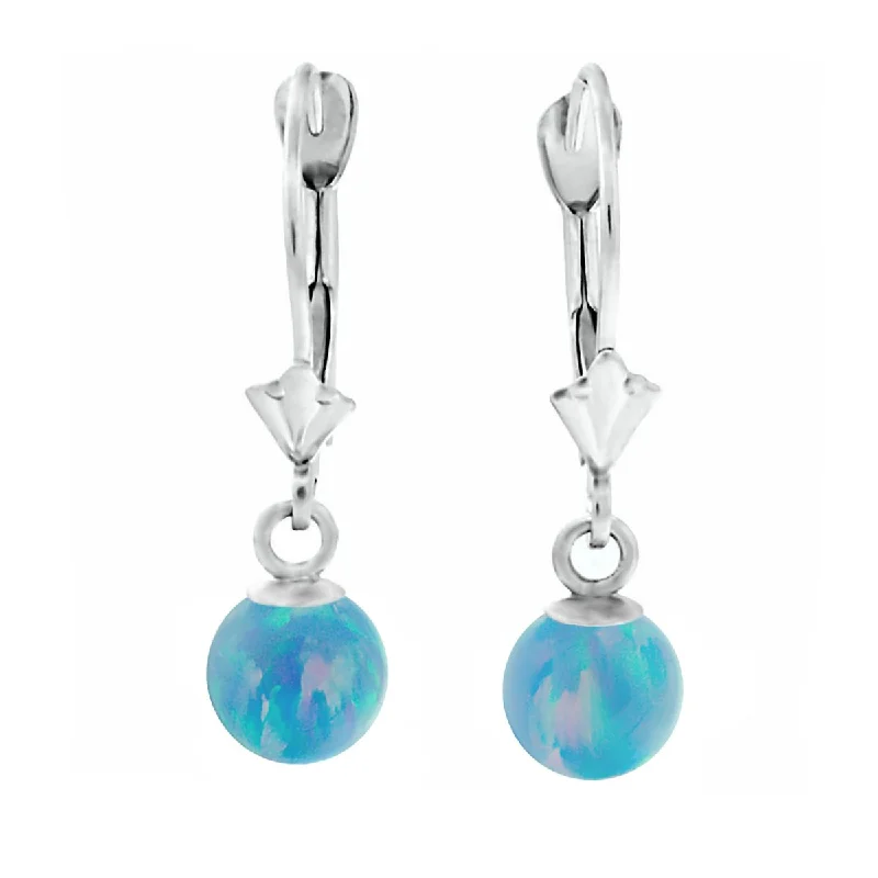 knotted hoop earrings-Carrie: Cornflower Blue Created Australian Opal Ball Drop Leverback Earrings 14K White Gold