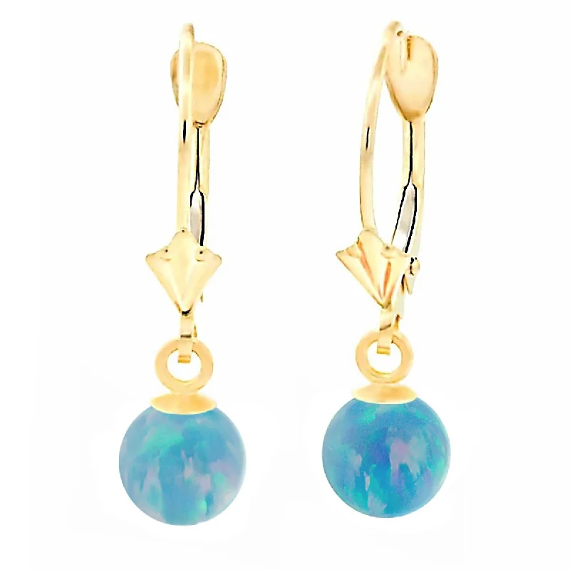 gold braid earrings-Carrie: Cornflower Blue Created Australian Opal Ball Drop Leverback Earrings 14K Yellow Gold