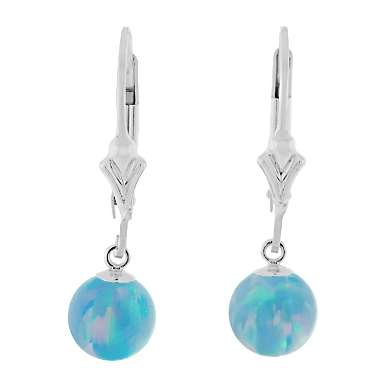 aquamarine drop earrings-Carrie: Cornflower Blue Created Australian Opal Ball Drop Leverback Earrings 925 Sterling Silver