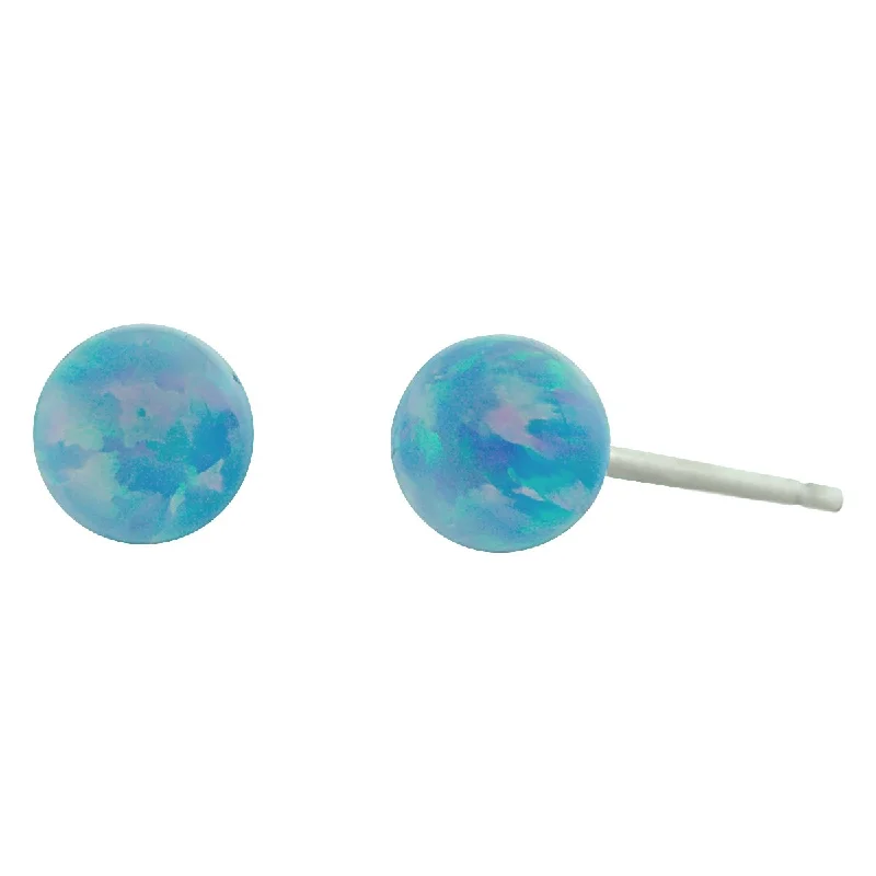 thin gold earrings-Carrie: Cornflower Blue Created Australian Opal Ball Stud Earrings 14K White Gold