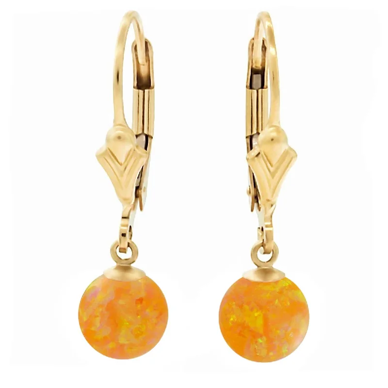 deco sapphire earrings-Cira: Citrine Yellow Created Australian Opal Ball Drop Leverback Earrings 14-20 Gold Filled