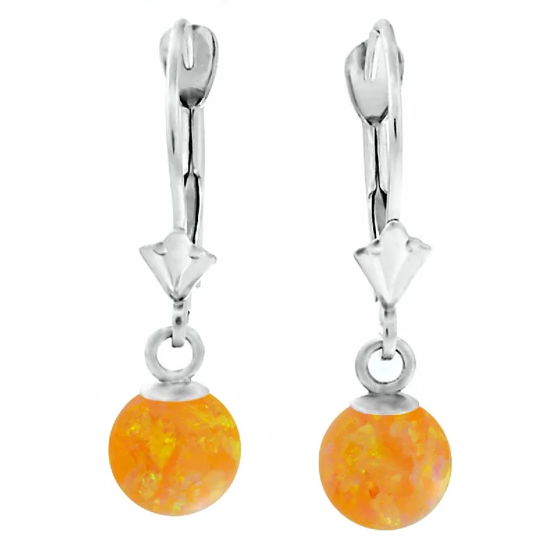 stamped love earrings-Cira: Citrine Yellow Created Australian Opal Ball Drop Leverback Earrings 14K White Gold