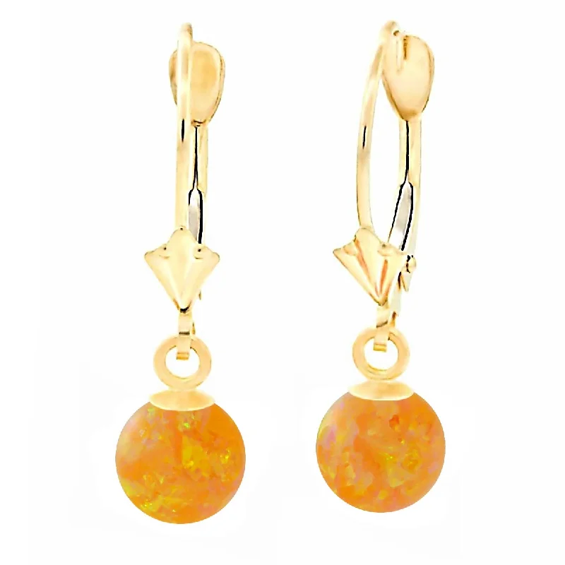 bendable stud earrings-Cira: Citrine Yellow Created Australian Opal Ball Drop Leverback Earrings 14K Yellow Gold