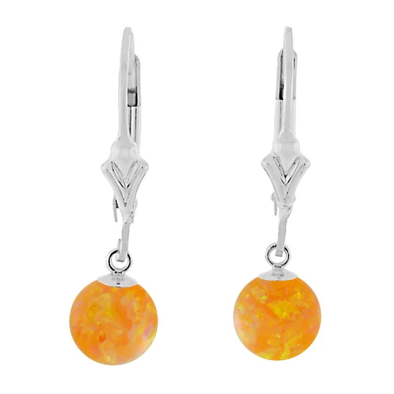 swoop hoop earrings-Cira: Citrine Yellow Created Australian Opal Ball Drop Leverback Earrings 925 Sterling Silver