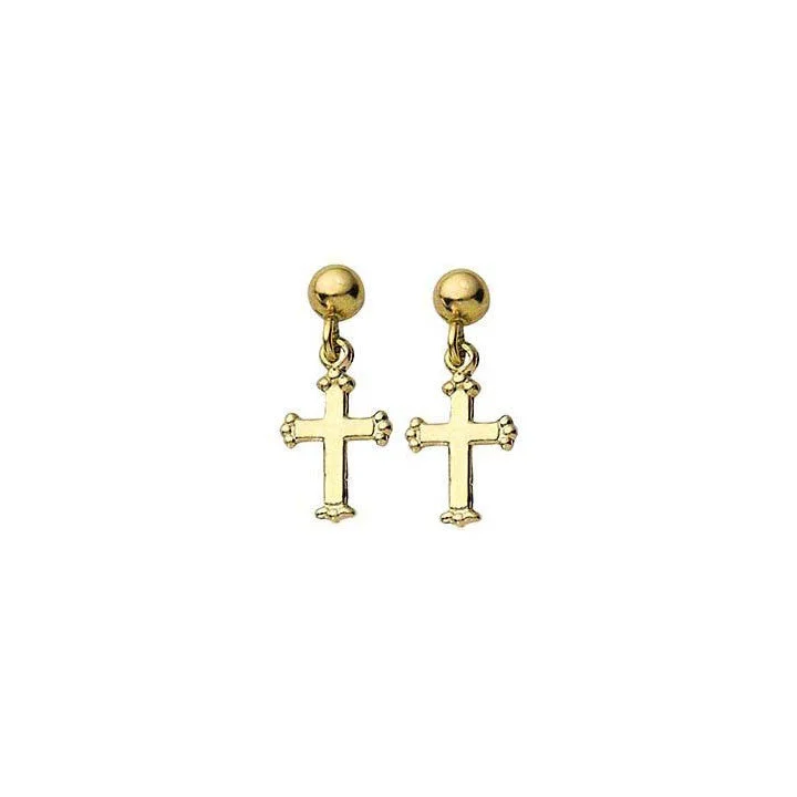 retro turquoise earrings-Cross Drop Ball Post Earrings 14K Yellow Gold