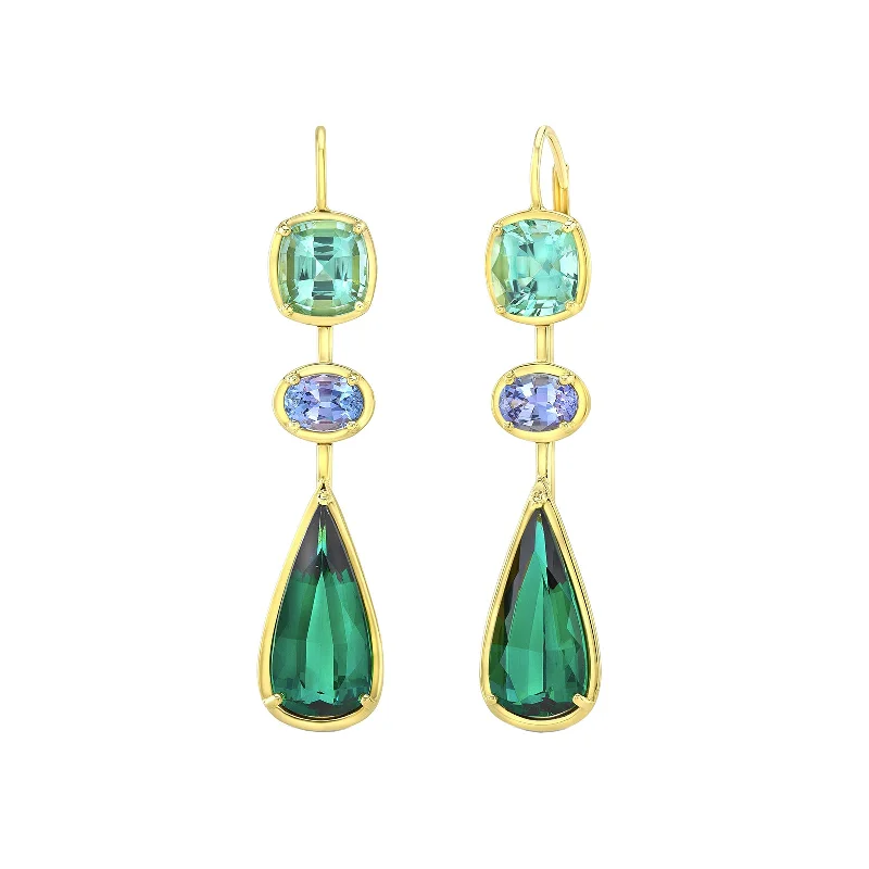 flow-shaped earrings-Tourmaline & Tanzanite Drop Earrings