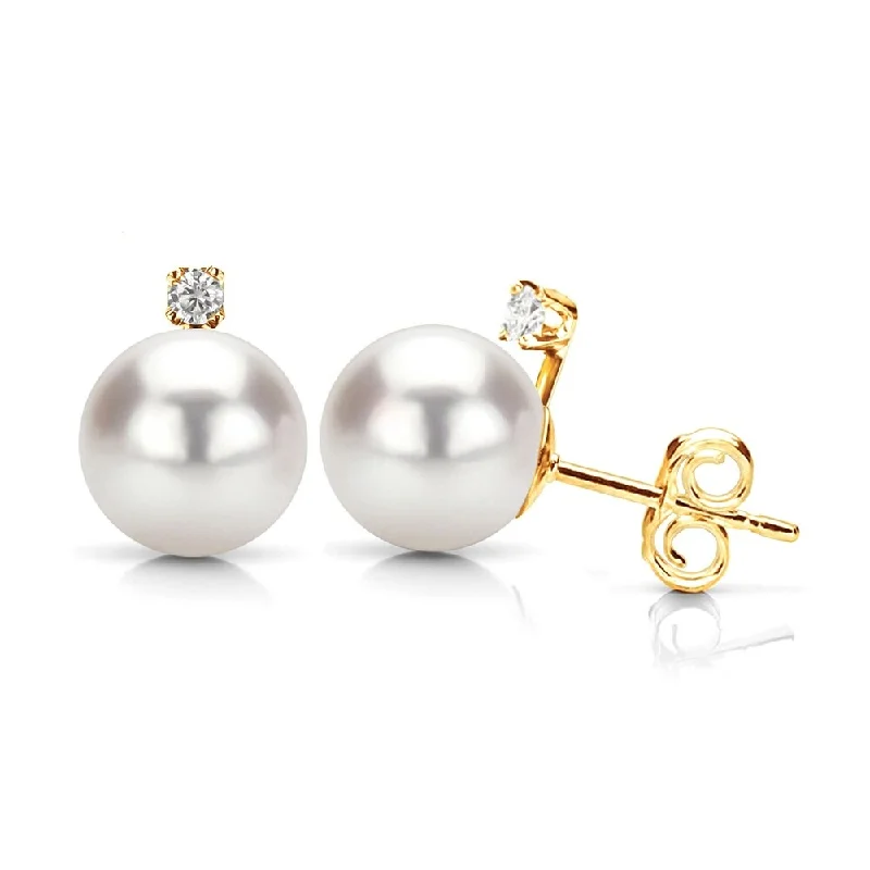 pewter hoop earrings-DaVonna 14k Gold with .10tcw Diamond Round 8-8.5mm White Japanese Akoya Pearl Stud Earrings