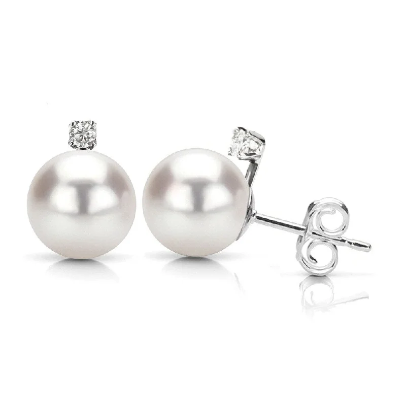 ten-gem stud earrings-DaVonna Sterling Silver with .06tcw Diamond Round White Freshwater High Luster Pearl Stud Earrings