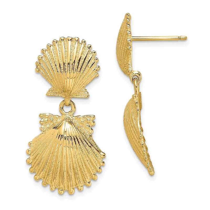 leafy-themed drop earrings-Diamond2Deal 14K Yellow Gold Double Scallop Shell Dangle Earrings (L-29.2 mm, W-14.66 mm)