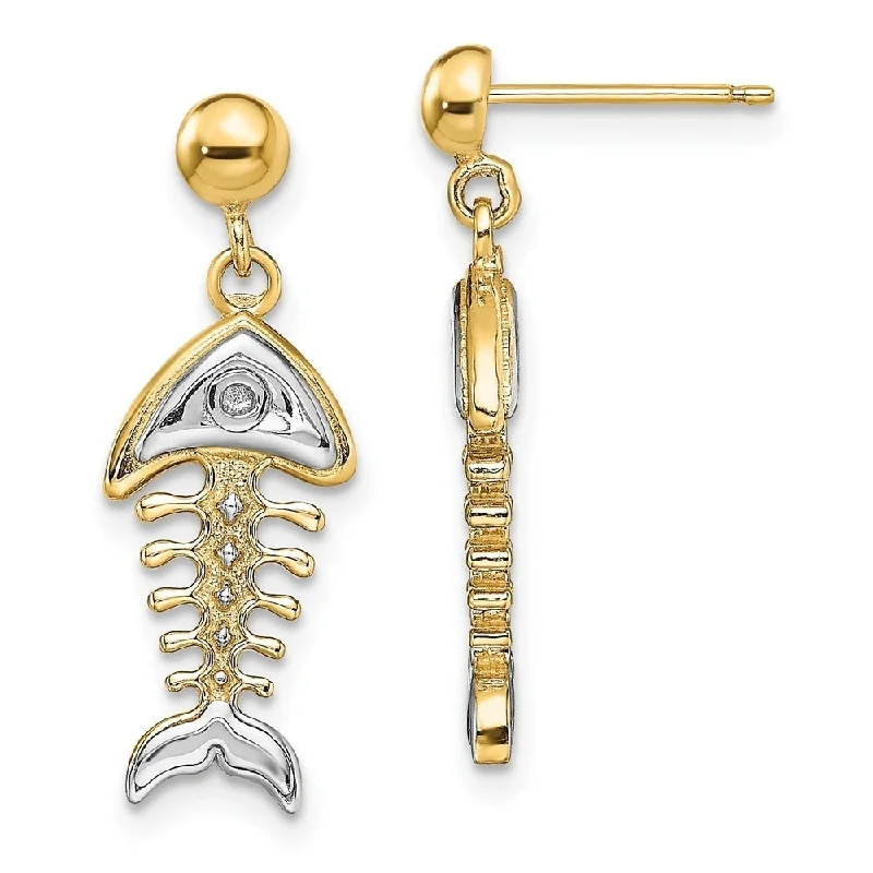 frond gold earrings-Diamond2Deal 14K Yellow Gold Rhodium-Plated Fishbone Dangle Earrings (L-24.6 mm, W-8.7 mm)