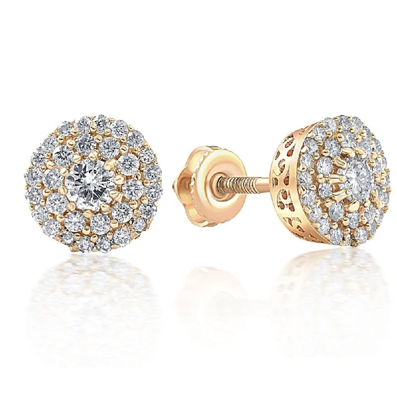 flow-shaped earrings-Double Halo Diamond Screw Back Studs 1/2 Carat TW 14k Yellow Gold