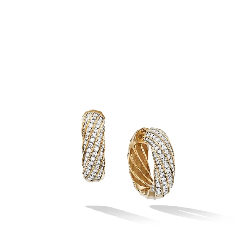 braided drop earrings-Cable Edge Hoop Earrings in Recycled 18K Yellow Gold with Pave Diamonds