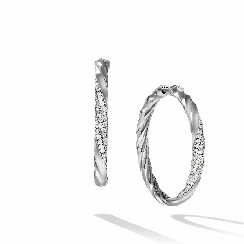 leafy-themed earrings-Cable Edge Hoop Earrings in Recycled Sterling Silver with Pave Diamonds