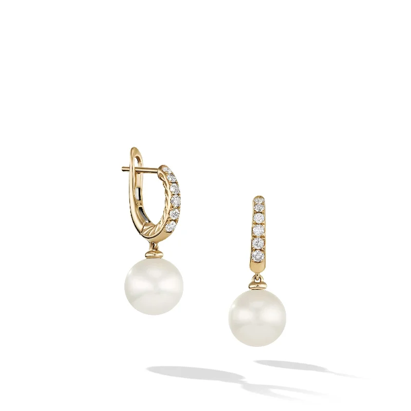 pewter stud earrings-Pearl and Pave Drop Earrings in 18K Yellow Gold with Diamonds