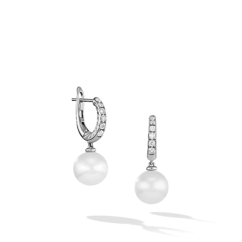 elegant modern earrings-Pearl and Pave Drop Earrings in Sterling Silver with Diamonds