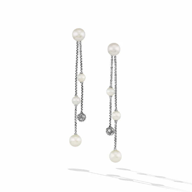 retro-style earrings-Pearl and Pave Row Drop Earrings in Sterling Silver with Diamonds