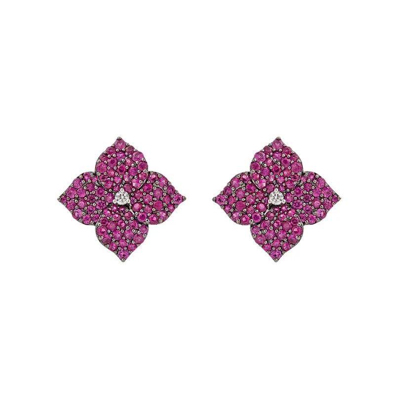 thin stud earrings-Small Mosaique Flower Earrings in Deep Pink Sapphire