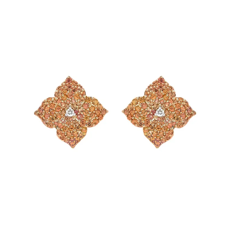 frond stamped earrings-Small Mosaique Flower Earrings in Orange Sapphire