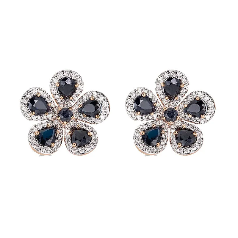 flow-shaped stud earrings-Black Sapphire & Diamond Flower Earrings