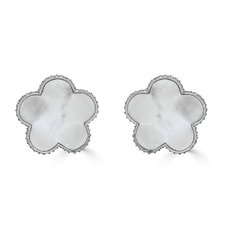 stamped silver earrings-White Mother of Pearl & Diamond Small Cinque Flower Earrings