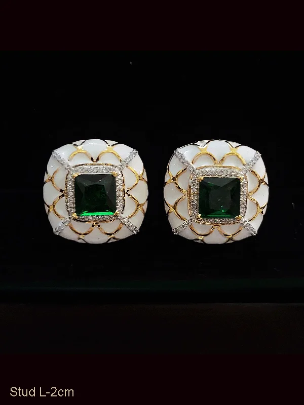 uncut turquoise earrings-Enamel work square studs with square coloured stone in the center with zircon detailing