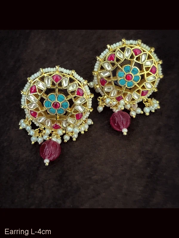 frond charm earrings-Flower design paachi kundan pirohi work classy studs with coloured drops